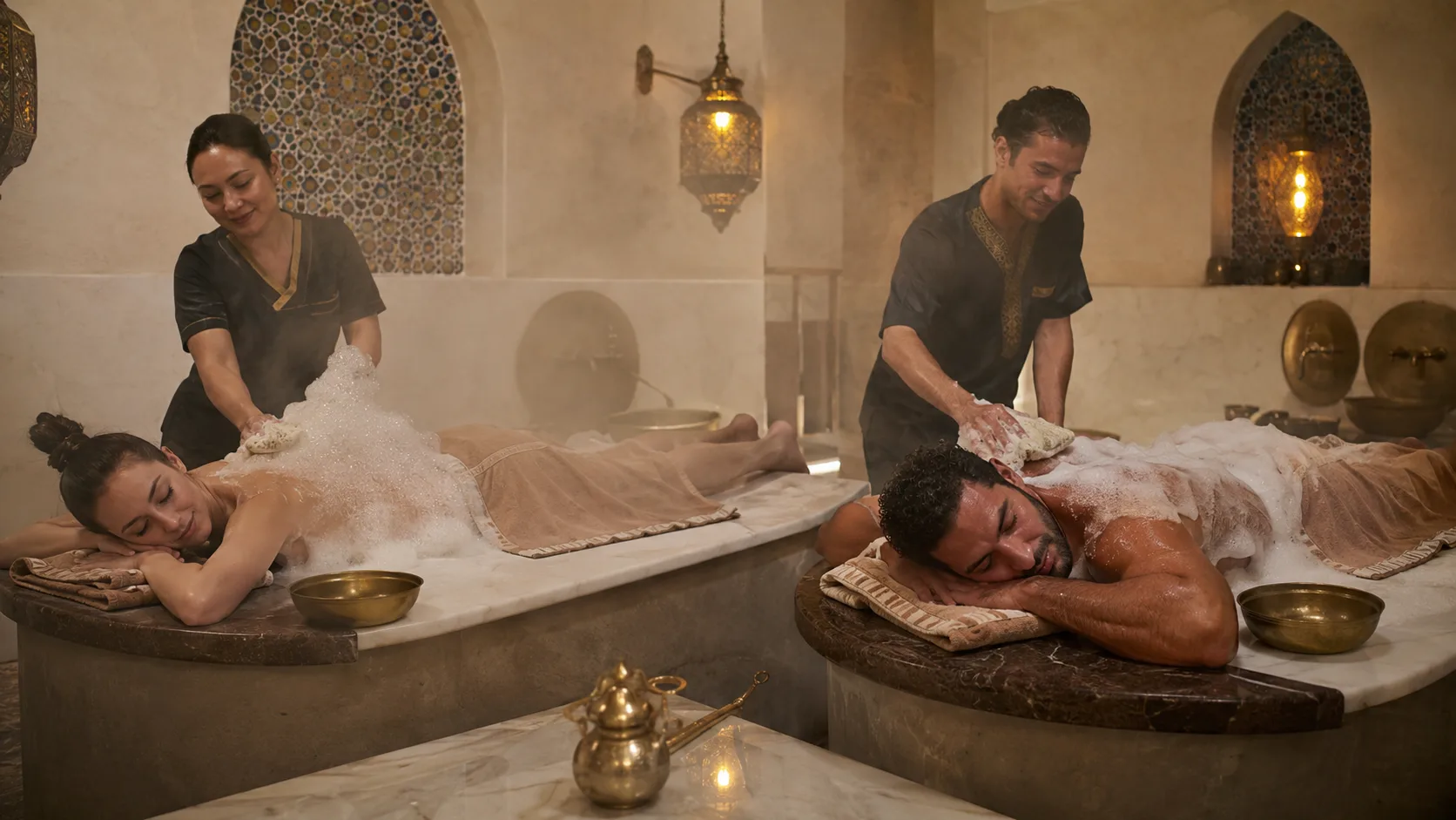 Couples spa in Hurghada: two guests on marble tables in a shared hammam